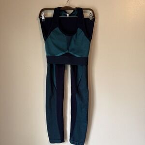 Ivy Sky Activewear Leggings Crop Top Set Blue Geometric Mid Rise Size S